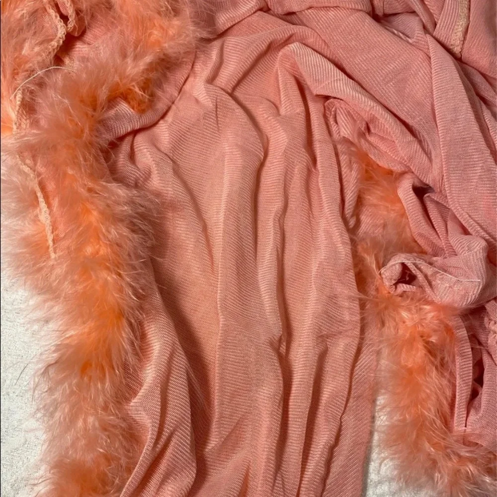 Women’s pink feather bathrobe sugar baby robe sleeper sexy lingerie cover up new - Picture 4 of 6